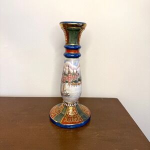 VVintage Hand Painted Ceramic Candlestick, Asian Harbor Scene Gold Gilt Accents